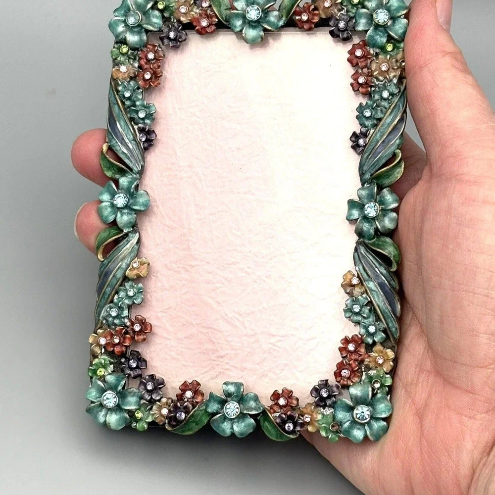 Vintage Metal Enamel Picture Frame Flowers Victorian Art Noveau Romantic